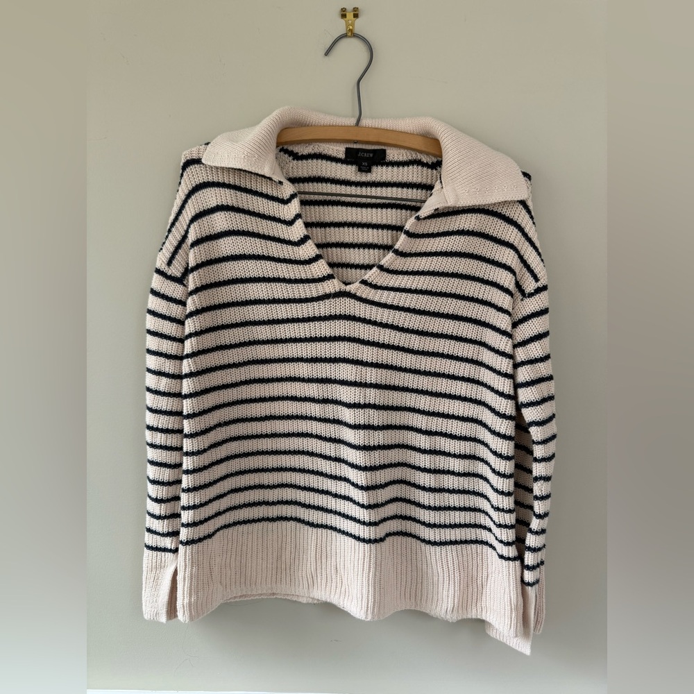 J. Crew 100% cotton Cream and navy Striped Relaxed Collared Sweater